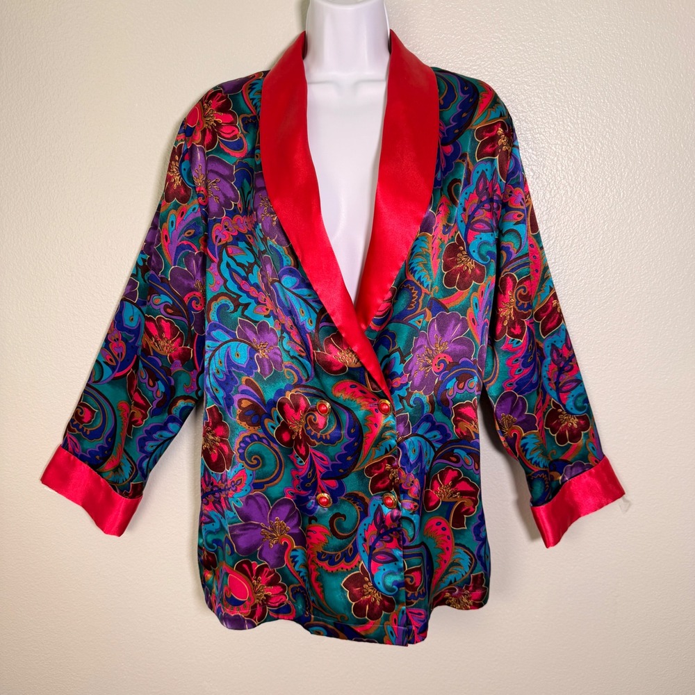 Vintage 90s Victoria's Secret Floral Gold Label Satin Blazer Jacket Maximalist S